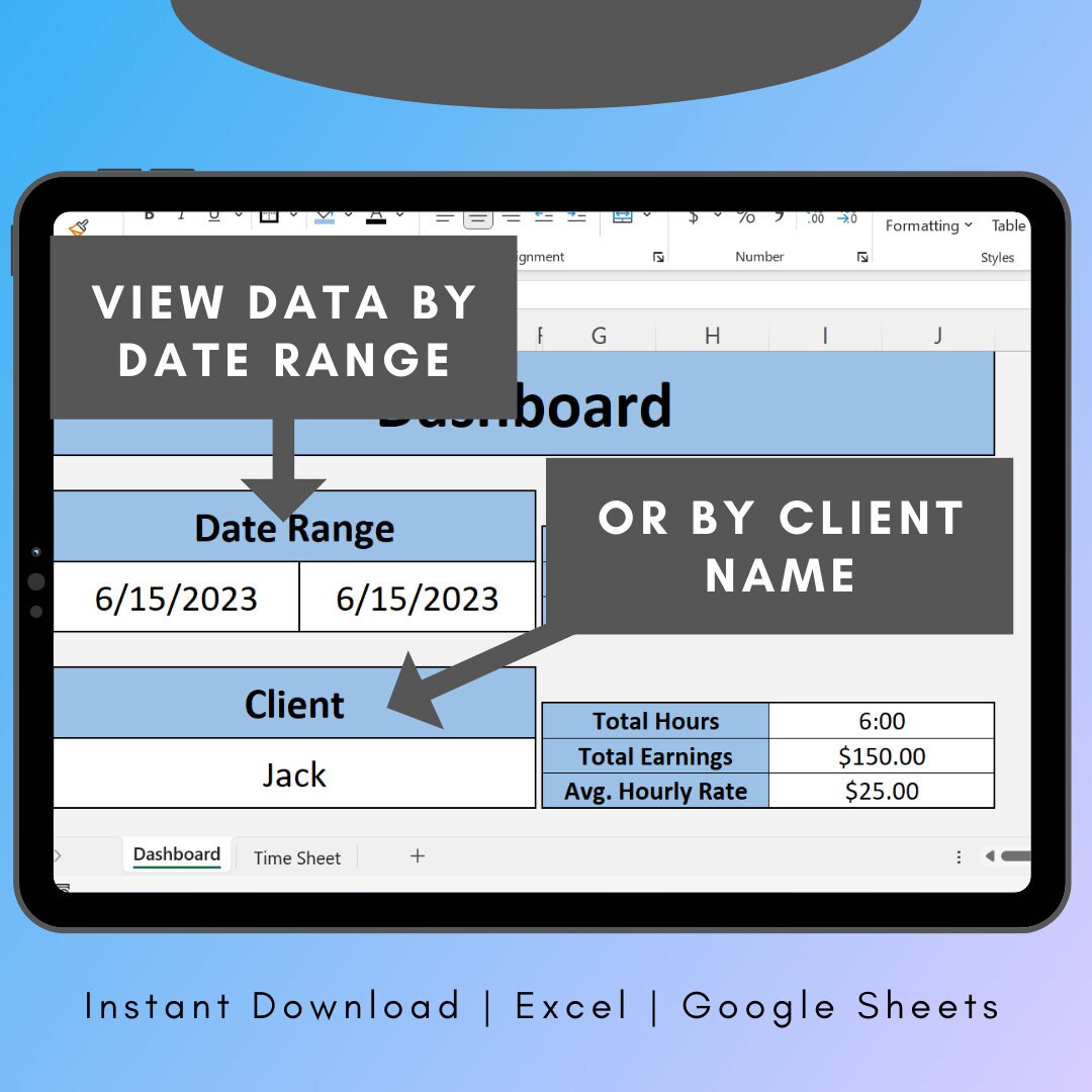 Freelance Time Tracker Excel Template With Dashboard Etsy