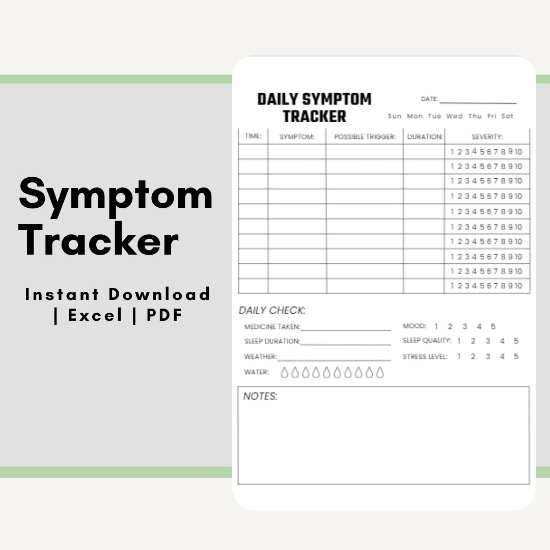 Printable Daily Symptom Tracker | Chronic Pain Tracker | Excel Symptom Tracker | Daily Pain Log | Record Symptom Severity & Frequency
