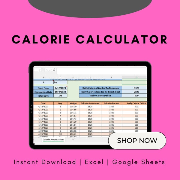 Calorie Calendar Excel Template | Calorie Calculator | Determine Calories Needed To Gain Or Lose Weight | Calorie Amortization Table Excel