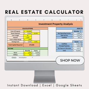 Rental Property ROI & Cap Rate Calculator, Investment Property Analysis, Cash On Cash Return Calculator, Rental Property Analysis Template