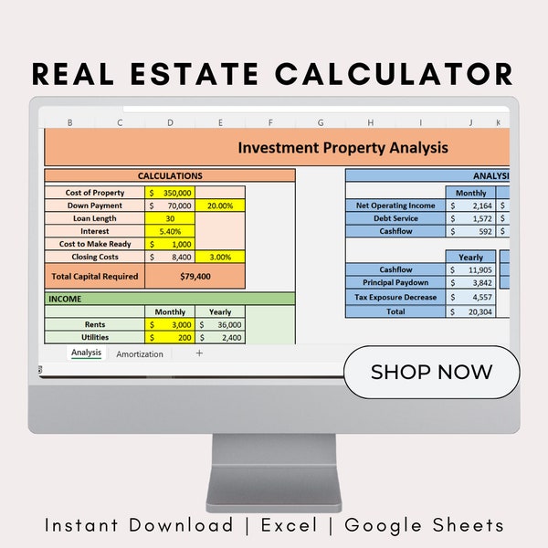 Calculateur de taux de capitalisation et de retour sur investissement des biens locatifs, analyse des biens d'investissement, calculateur de rendement des liquidités, modèle d'analyse des biens locatifs