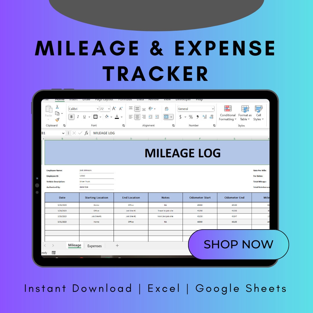 Mileage Tracker Excel Template for Expenses Log Mileage Calculator
