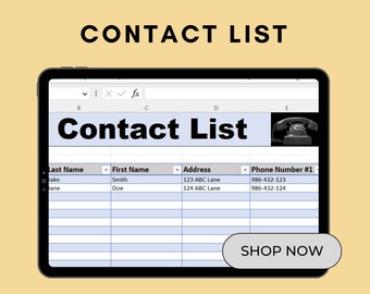 Feuille de calcul Excel de liste de contacts, carnet d&#39;adresses numérique, informations de contact client, répertoire d&#39;adresses, annuaire téléphonique, liste de contacts modifiable