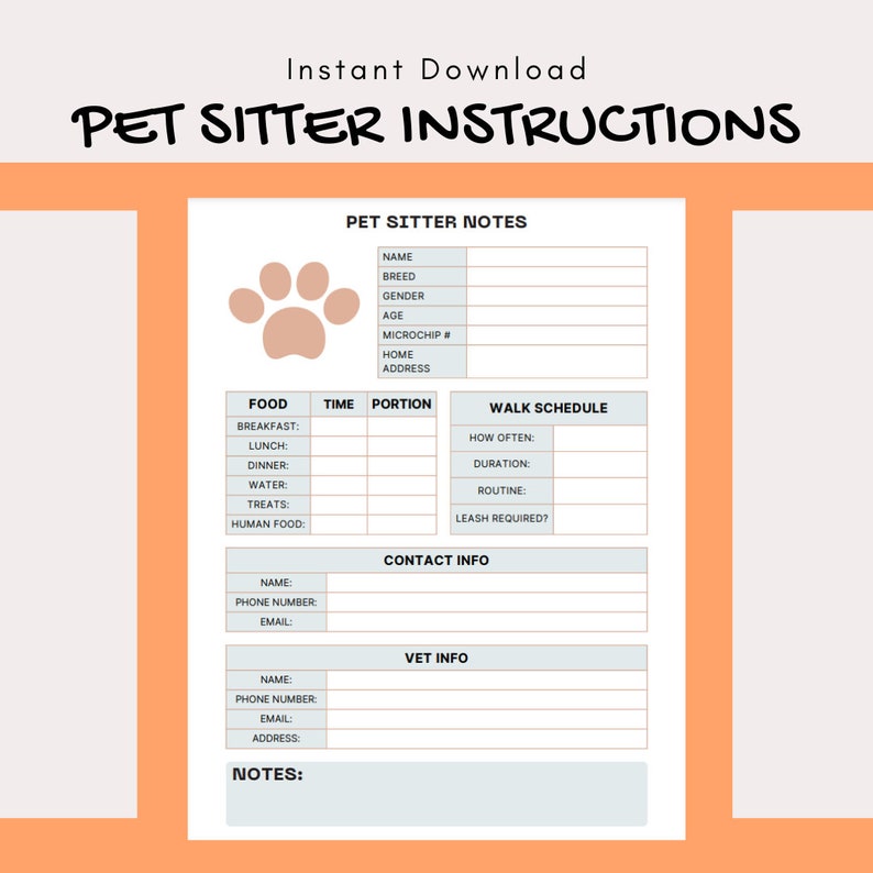 Dog Sitter Instructions, Dog Walker Form, Pet Sitter Template Dog Sitter Instructions, Dog Walker Form, Pet Sitter Template