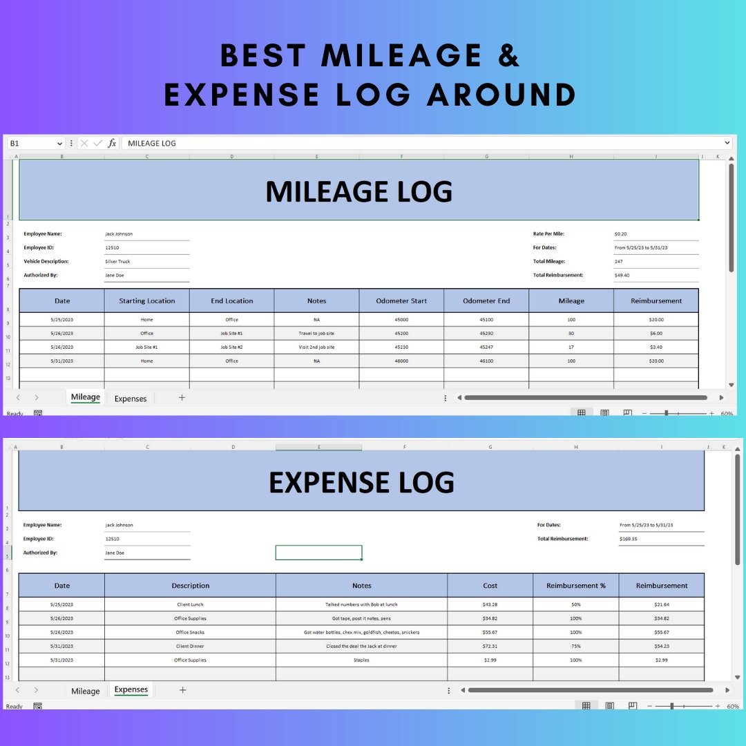 Mileage Tracker Excel Template for Expenses Log Mileage Calculator
