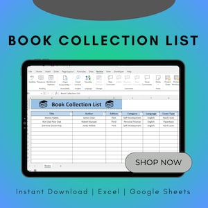 Book Collection List Excel Spreadsheet Template, Book Tracker Template, Reading Journal Tracker List, Book Inventory Tracker For Excel