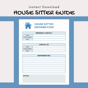 House Sitter Instructions Printable PDF Template, House Sitter Guide, House Sitter Contact Information Planner, House Sitter Welcome Guide