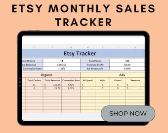 Seguimiento de ventas de la tienda Etsy: ingresos mensuales, pedidos y conversiones (Excel, Hojas de cálculo de Google)