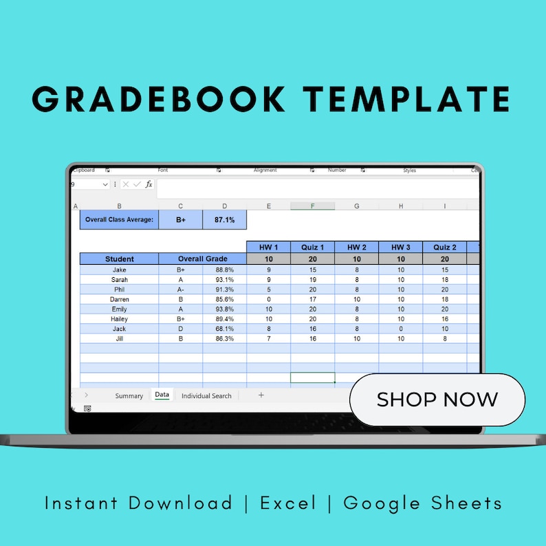 Excel Student Gradebook Template: Class Average Calculator (digital ...