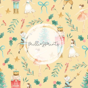 Nutcracker Ballet Seamless Pattern, Christmas, Holiday, Winter, Sugarplum Fairy, on Yellow Background
