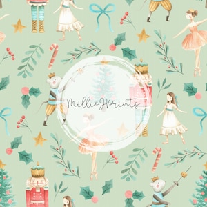 Nutcracker Ballet Seamless Pattern, Christmas, Holiday, Winter, Sugarplum Fairy, on Green Background
