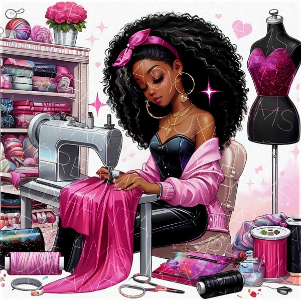 Crafty Boss Lady Queen Glam Black Woman Sewing Clothing Melanin Girl African American Embroidery Planner Sublimation, Commercial Use Art Png