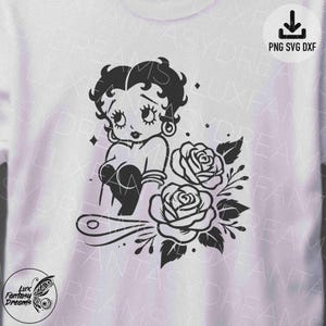 Betty Boop Svg Black and White Betty Boop with Roses Iron on Transfer Vinyl Sublimation Design Cutting File Cricut PNG DXF Commercial Use