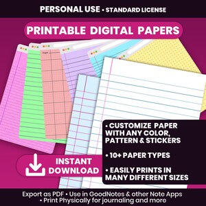 Customizable Digital Notebook Paper, 11 Ruled Styles, Goodnotes Notability Template, Editable Colors Stickers, Printable PDF • HTML EDITOR