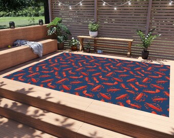 Stranddeken-Preppy Patio Decor-buitendeken Navy Lobster-Preppy Outdoor Rug-New England Outdoor Rug-Maine Lobster-