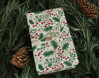 Emballage cadeau de Noël, papier d’emballage Holly, emballage cadeau de Noël, emballage de vacances, cadeau HollyBerry, fournitures de Noël