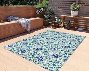 Tappeto da patio floreale blu, tappeto da spiaggia, arredamento per esterni, arredamento da spiaggia, tappeto Lanai, tappeto a bordo piscina, arredamento portico anteriore
