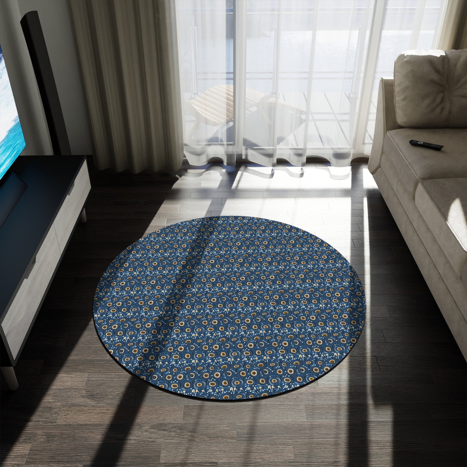Blue Round Rug, Blue Flower Rug, Round Blue Rug, Accent Rug, Batik Rug ...