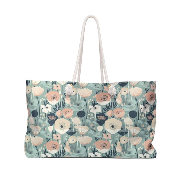 Floral Beach Tote, Rope Handle Bag, Summer Blue Bag, Poolside Catch All