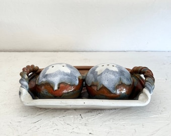 Unique Signed Studio Pottery Salt and Pepper Shakers with Tray