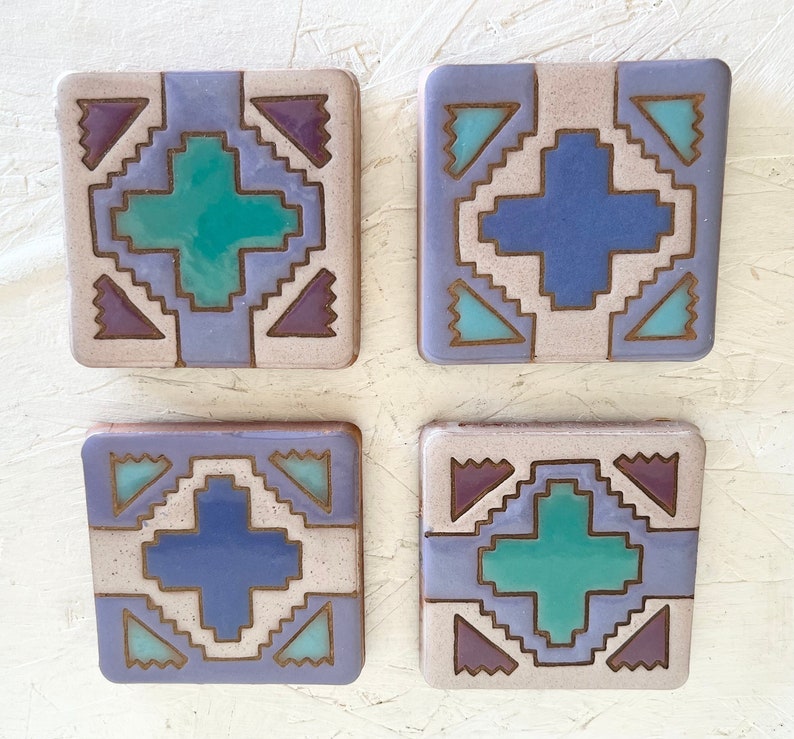 Vintage Santa Fe Art Tiles 1989 Arius 4 Zia Rug Pattern Coasters Etsy