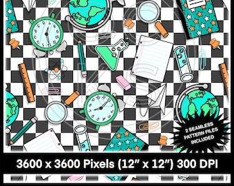 May include: A seamless digital paper pattern featuring a black and white checkered background with various school supplies, including a globe, an alarm clock, a beaker, a pencil, a magnifying glass, a paperclip, a push pin, a notebook, and a test tube. The pattern is 12 inches by 12 inches and has a resolution of 300 DPI.