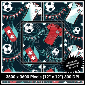 Puede incluir: Un patrón sin costuras que presenta una pelota de fútbol, una camiseta roja y blanca, una camiseta blanca y un escudo azul y blanco con estrellas. El patrón está sobre un fondo azul oscuro con estrellas blancas y una pancarta que dice "KC BABY".