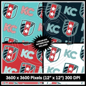 Puede incluir: Se incluyen cuatro archivos de patrones sin costuras. Una descarga digital de cuatro patrones sin costuras de 3600 x 3600 píxeles (12" x 12") 300 DPI que presentan un escudo azul y rojo con estrellas y las letras "KC" en un contorno azul neón.