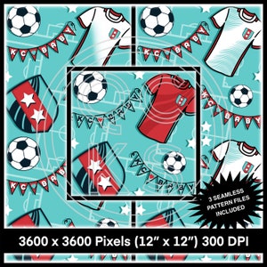 Puede incluir: Diseño de patrón sin costuras con balones de fútbol, camisetas y pancartas con el texto "KC BABY" en rojo, blanco y azul sobre un fondo turquesa. Incluye tres archivos de patrón sin costuras. Las dimensiones de la imagen son 30,48 cm x 30,48 cm.