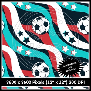 Puede incluir: Un patrón sin costuras que presenta líneas onduladas blancas, rojas y azules, estrellas y balones de fútbol. El patrón mide 12 pulgadas por 12 pulgadas y tiene una resolución de 300 DPI.