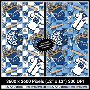 May include: Two seamless pattern files featuring a blue and white checkered background with baseball bats, baseballs, baseball jerseys, crowns, and pom-poms. The text "Kansas City" is featured in a blue and white circle with a crown on top. The text "Slugger 00" is featured on a white baseball jersey.