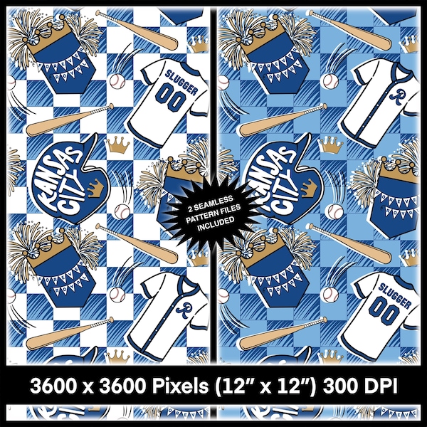 Kansas City Baseball Checkered Seamless Pattern Bundle JPEG