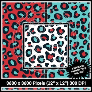 Puede incluir: Tres patrones de papel digital sin costuras que presentan un diseño de estampado de leopardo en rojo, azul y negro sobre un fondo blanco. Los patrones miden 30,48 cm por 30,48 cm y 300 DPI.