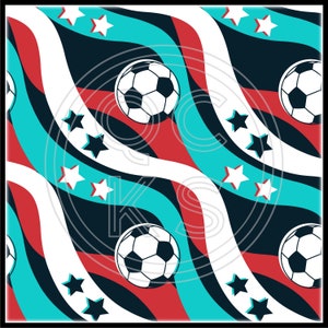 May include: A seamless pattern featuring white soccer balls, red and blue wavy lines, and white stars on a black background.
