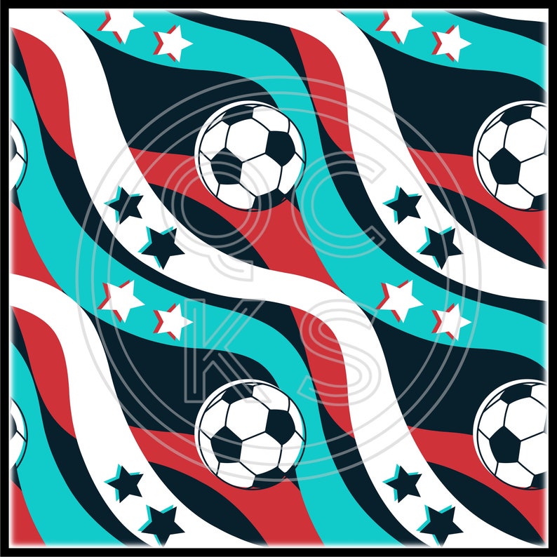May include: A seamless pattern featuring white soccer balls, red and blue wavy lines, and white stars on a black background.