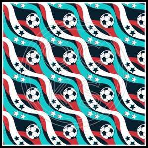 May include: A seamless pattern featuring white stars, red and blue wavy lines, and black soccer balls on a white background.