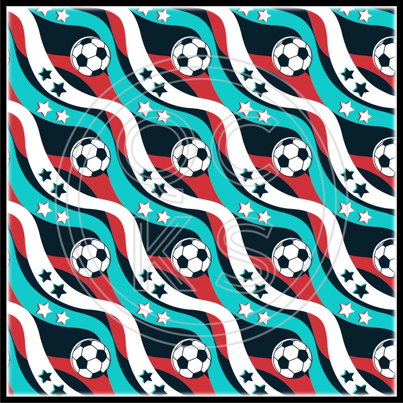 May include: A seamless pattern featuring white stars, red and blue wavy lines, and black soccer balls on a white background.