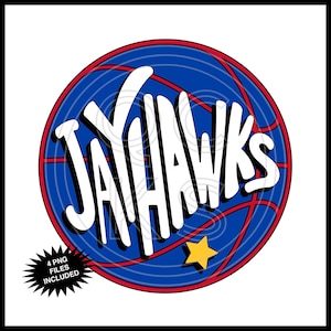 May include: A circular graphic featuring the word "JAYHAWKS" in bold white letters, set against a blue basketball design with red lines. A yellow star is at the bottom. Includes 4 PNG files.