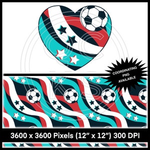 May include: A heart-shaped design with red, white, and blue stripes and a soccer ball in the top right corner. The heart is surrounded by white stars. The design is repeated in a seamless pattern below the heart.