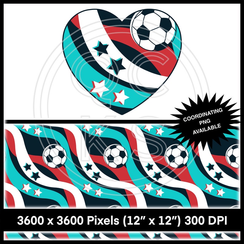 May include: A heart-shaped design with red, white, and blue stripes and a soccer ball in the top right corner. The heart is surrounded by white stars. The design is repeated in a seamless pattern below the heart.