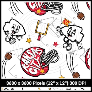 Può includere: Motivo senza cuciture bianco con elementi di football di Kansas City. Include caschi rossi con testo "Kansas City", personaggi dei cartoni animati, palloni da football, pali della porta e stelle. Il design è 30,48 cm x 30,48 cm.