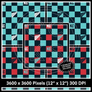 Puede incluir: Un patrón digital sin costuras que presenta un diseño de tablero de ajedrez con cuadrados rojos y turquesa alternos. El patrón incluye un gráfico estilizado blanco de un ala de pájaro en cada cuadrado. El texto "KC" aparece en negro en los cuadrados. El texto "5 patrones sin costuras incluidos" aparece en blanco sobre un círculo negro.