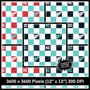 Puede incluir: Un papel digital con un patrón de tablero de ajedrez en rojo, blanco, negro y azul turquesa. El patrón se repite en todo el papel. El texto "KC" se repite en las esquinas del papel. El texto "5 Seamless Patterns Included" está en un círculo en el centro del papel.