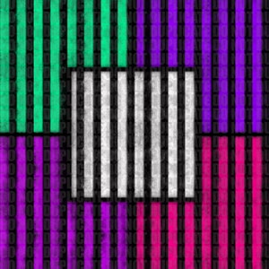 May include: Abstract geometric pattern with vertical stripes in shades of green, purple, pink, and black. The stripes are arranged in a grid pattern, creating a visually interesting design.