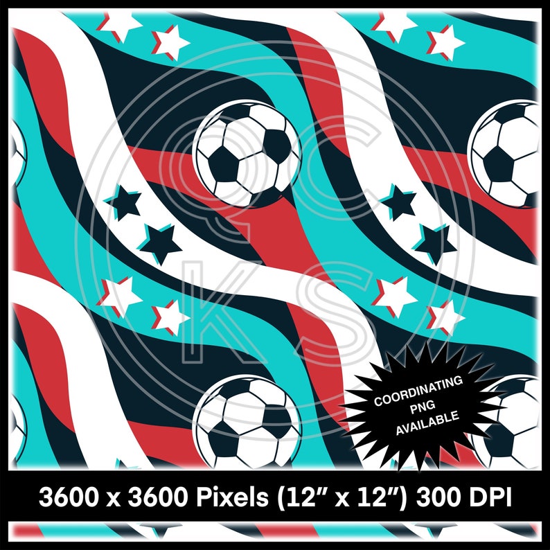 May include: A seamless pattern featuring white, red, and blue wavy lines, stars, and soccer balls. The pattern is 12 inches by 12 inches and has a resolution of 300 DPI.