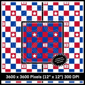 May include: A digital design featuring a repeating pattern of red, white, and blue squares with white stars. The design includes the letters "KU" and the text "3 SEAMLESS PATTERN FILES INCLUDED". The image is 12" x 12" and 300 DPI.