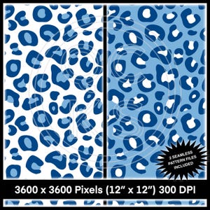 Puede incluir: Dos patrones de papel digital sin costuras con estampado de leopardo azul y blanco. Los patrones son de 3600 x 3600 píxeles, 12 pulgadas por 12 pulgadas y 300 DPI.