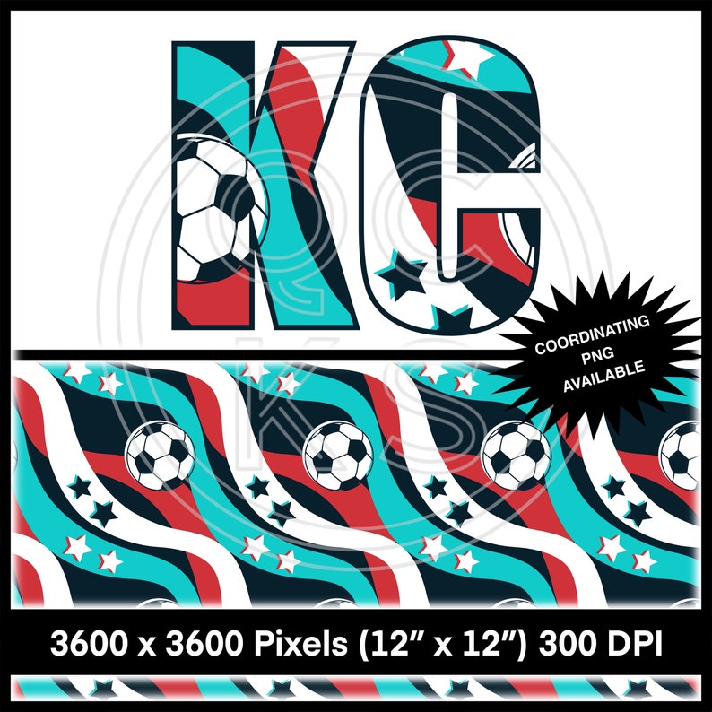 May include: A digital design featuring the letters "KC" in a bold, colorful font with a soccer ball pattern. The letters are set against a white background with a coordinating pattern of red, white, blue, and black stripes and stars. The design is 12 inches by 12 inches and 300 DPI.