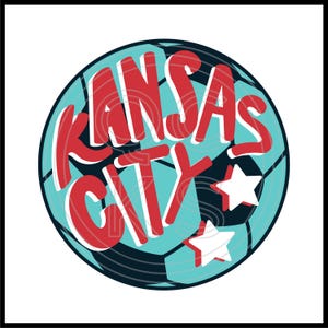 May include: A blue and black soccer ball with the words "Kansas City" in red lettering.