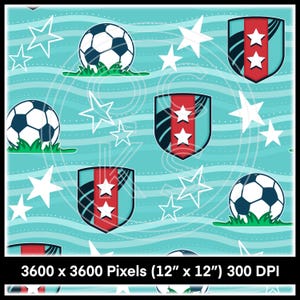 Puede incluir: Un patrón repetitivo con balones de fútbol, estrellas y escudos sobre un fondo azul claro. Los balones son blancos y negros, y los escudos tienen detalles rojos y blancos. Estrellas blancas de varios tamaños están dispersas por el diseño.